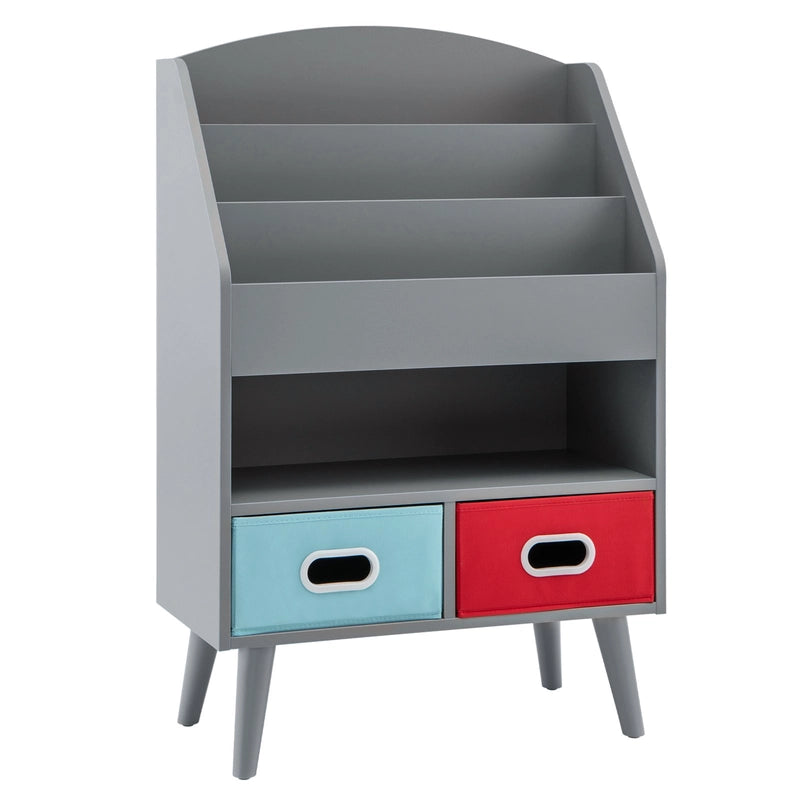 Kids Bookshelf Book Display Rack with 3-Tier Bookshelves and 2 Drawers-Grey