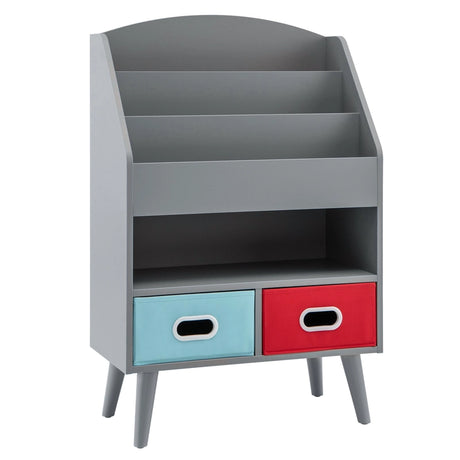 Kids Bookshelf Book Display Rack with 3-Tier Bookshelves and 2 Drawers-Grey