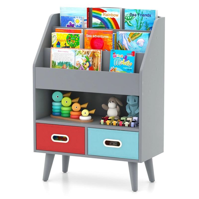 Kids Bookshelf Book Display Rack with 3-Tier Bookshelves and 2 Drawers-Grey