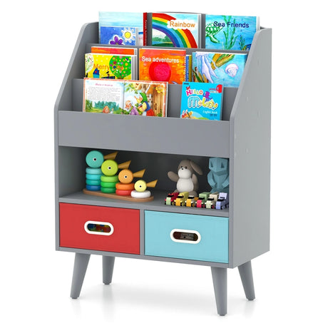Kids Bookshelf Book Display Rack with 3-Tier Bookshelves and 2 Drawers-Grey