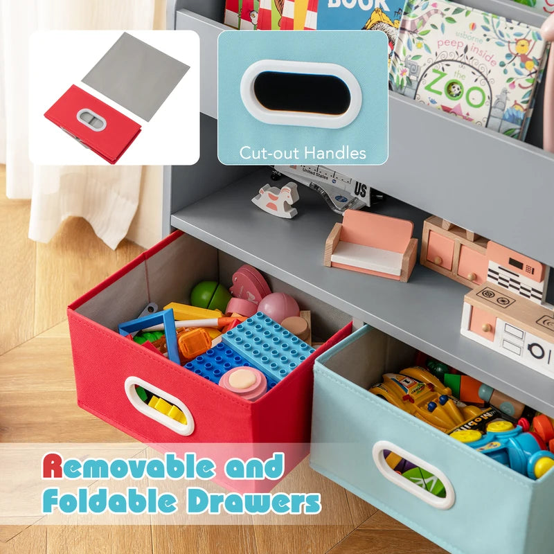 Kids Bookshelf Book Display Rack with 3-Tier Bookshelves and 2 Drawers-Grey