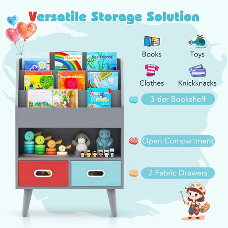 Kids Bookshelf Book Display Rack with 3-Tier Bookshelves and 2 Drawers-Grey
