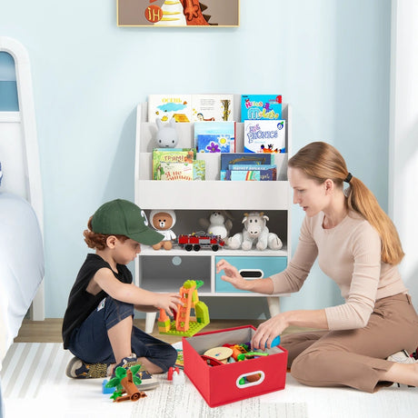 Kids Bookshelf Book Display Rack with 3-Tier Bookshelves and 2 Drawers-White