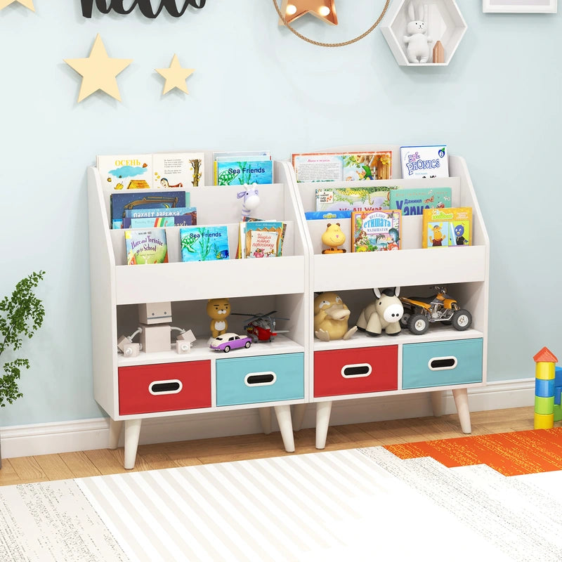 Kids Bookshelf Book Display Rack with 3-Tier Bookshelves and 2 Drawers-White
