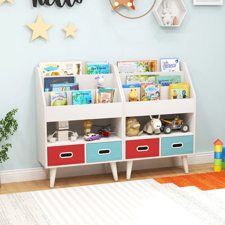 Kids Bookshelf Book Display Rack with 3-Tier Bookshelves and 2 Drawers-White