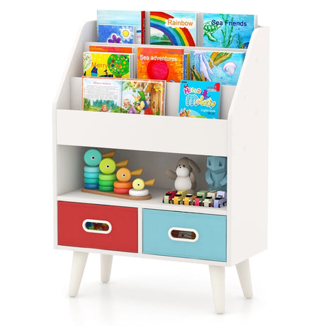Kids Bookshelf Book Display Rack with 3-Tier Bookshelves and 2 Drawers-White