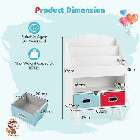Kids Bookshelf Book Display Rack with 3-Tier Bookshelves and 2 Drawers-White