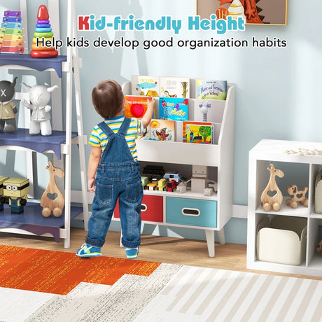 Kids Bookshelf Book Display Rack with 3-Tier Bookshelves and 2 Drawers-White