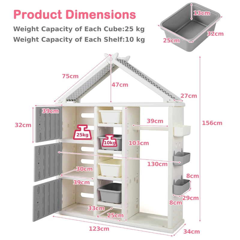 Kids Costume Storage Closet with Storage Bins and Shelves and Side Baskets for Kids Room-Gray