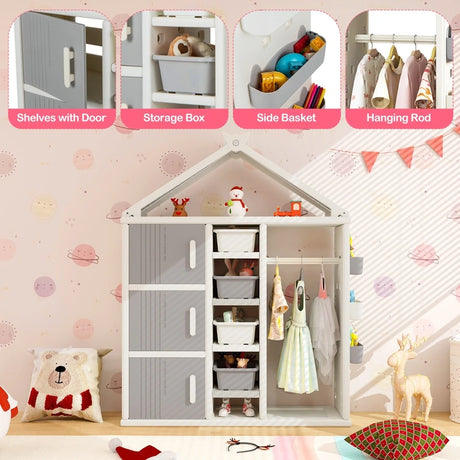 Kids Costume Storage Closet with Storage Bins and Shelves and Side Baskets for Kids Room-Gray