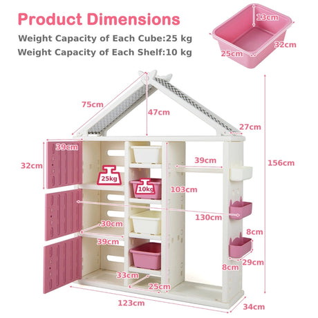 Kids Costume Storage Closet with Storage Bins and Shelves and Side Baskets for Kids Room-Pink