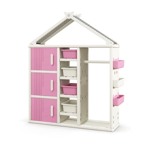 Kids Costume Storage Closet with Storage Bins and Shelves and Side Baskets for Kids Room-Pink