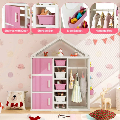 Kids Costume Storage Closet with Storage Bins and Shelves and Side Baskets for Kids Room-Pink