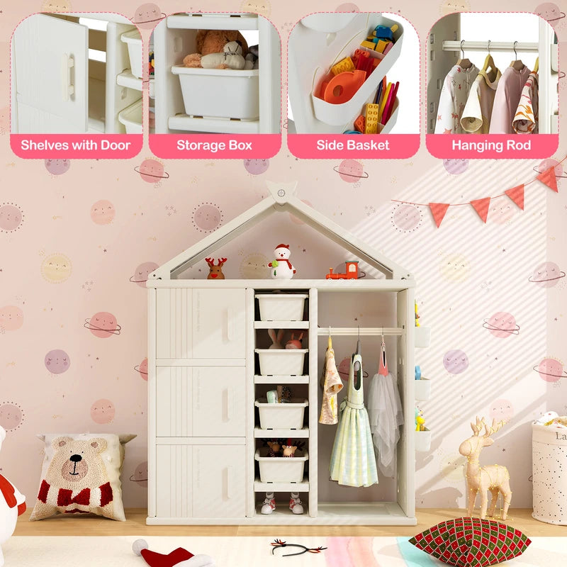 Kids Costume Storage Closet with Storage Bins and Shelves and Side Baskets for Kids Room-White