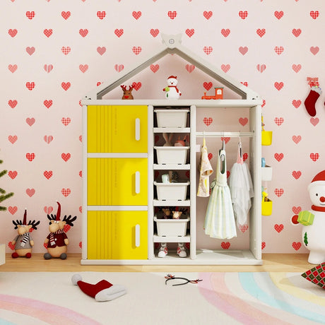 Kids Costume Storage Closet with Storage Bin-Yellow