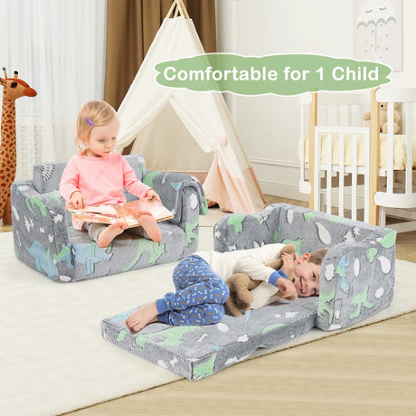 Kids Couch with Blanket 2-in-1 Folding Toddler Sofa Glow in the Dark Chair-Grey
