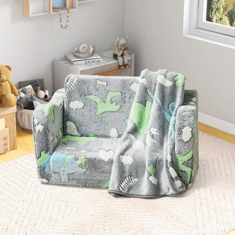 Kids Couch with Blanket 2-in-1 Folding Toddler Sofa Glow in the Dark Chair-Grey