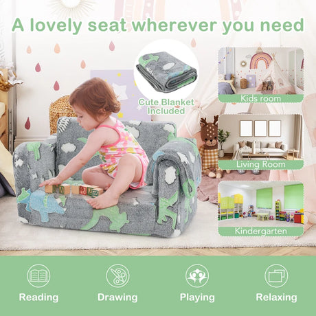 Kids Couch with Blanket 2-in-1 Folding Toddler Sofa Glow in the Dark Chair-Grey