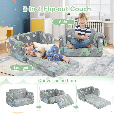Kids Couch with Blanket 2-in-1 Folding Toddler Sofa Glow in the Dark Chair-Grey