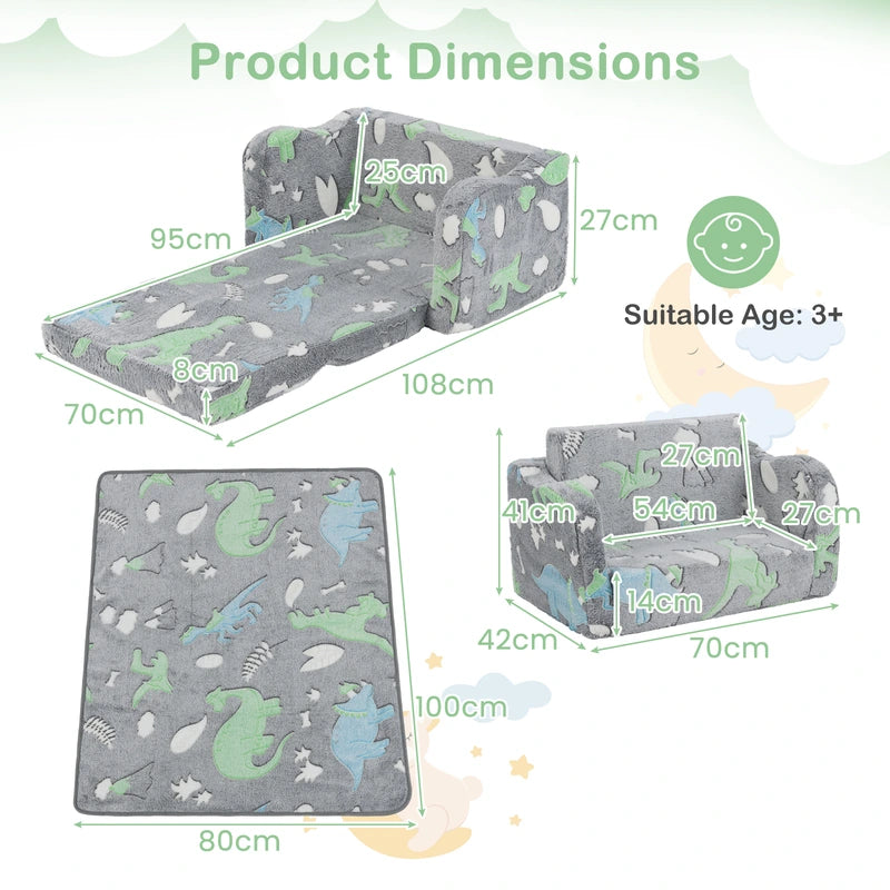 Kids Couch with Blanket 2-in-1 Folding Toddler Sofa Glow in the Dark Chair-Grey