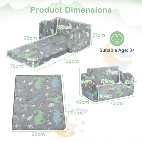 Kids Couch with Blanket 2-in-1 Folding Toddler Sofa Glow in the Dark Chair-Grey