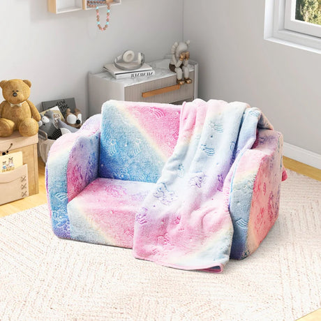 Kids Couch with Blanket 2-in-1 Folding Toddler Sofa Glow in the Dark Chair-Pink
