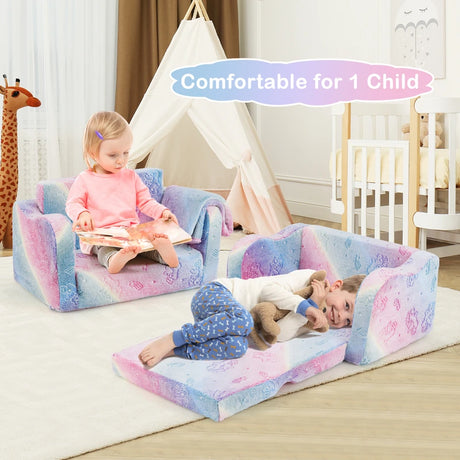 Kids Couch with Blanket 2-in-1 Folding Toddler Sofa Glow in the Dark Chair-Pink