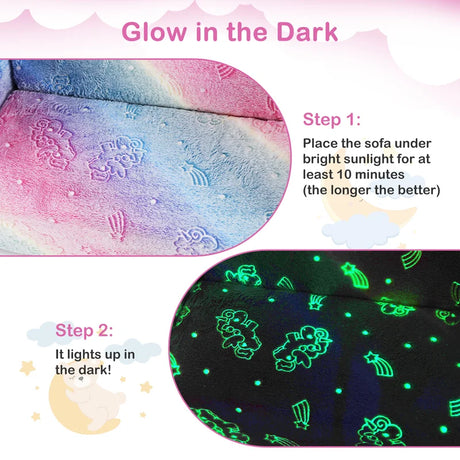 Kids Couch with Blanket 2-in-1 Folding Toddler Sofa Glow in the Dark Chair-Pink
