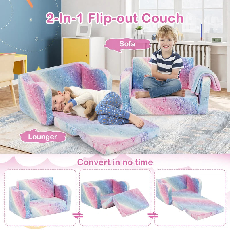 Kids Couch with Blanket 2-in-1 Folding Toddler Sofa Glow in the Dark Chair-Pink