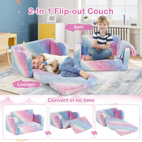 Kids Couch with Blanket 2-in-1 Folding Toddler Sofa Glow in the Dark Chair-Pink