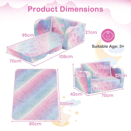Kids Couch with Blanket 2-in-1 Folding Toddler Sofa Glow in the Dark Chair-Pink
