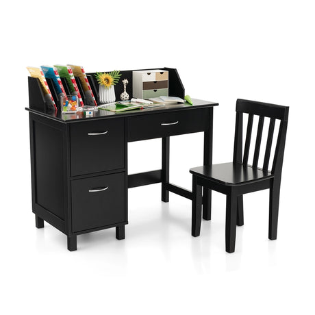 Kids Desk and Chair Set with HutchDrawer and Storage Cabinets-Black