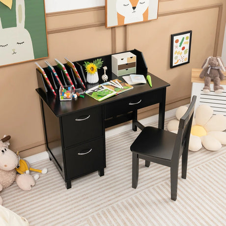 Kids Desk and Chair Set with HutchDrawer and Storage Cabinets-Black
