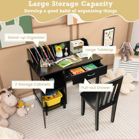 Kids Desk and Chair Set with HutchDrawer and Storage Cabinets-Black
