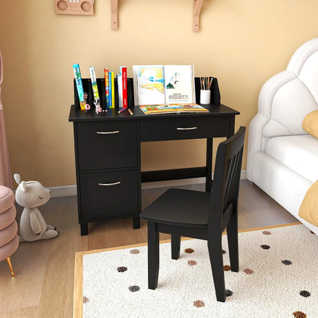 Kids Desk and Chair Set with HutchDrawer and Storage Cabinets-Black