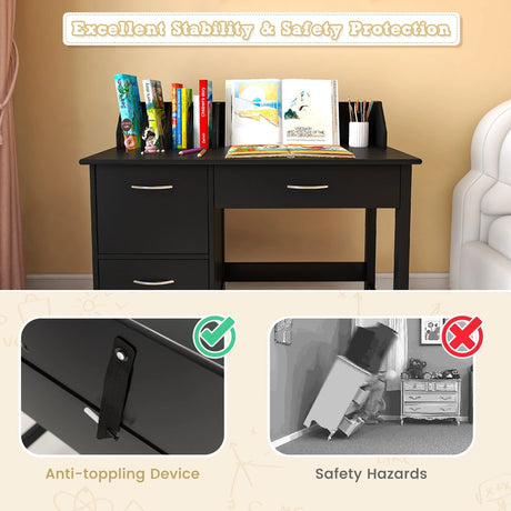 Kids Desk and Chair Set with HutchDrawer and Storage Cabinets-Black