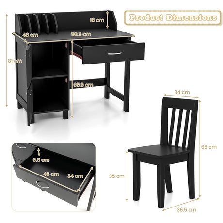 Kids Desk and Chair Set with HutchDrawer and Storage Cabinets-Black