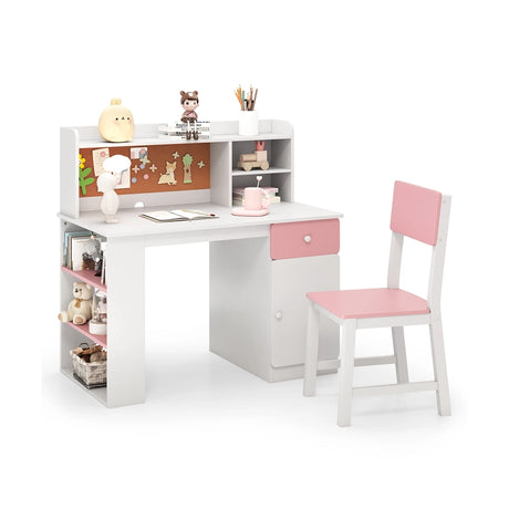 Kids Desk and Chair Set with Chair Hutch and 3-Layer Side Shelf-Pink