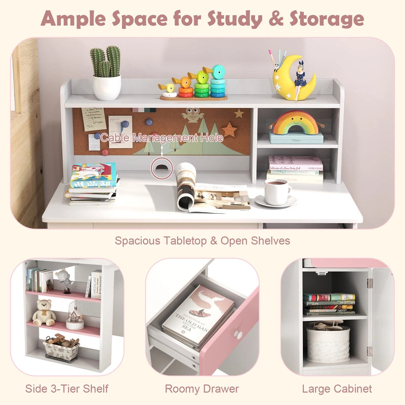 Kids Desk and Chair Set with Chair Hutch and 3-Layer Side Shelf-Pink
