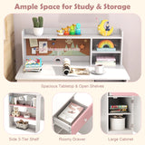 Kids Desk and Chair Set with Chair Hutch and 3-Layer Side Shelf-Pink
