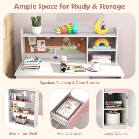 Kids Desk and Chair Set with Chair Hutch and 3-Layer Side Shelf-Pink