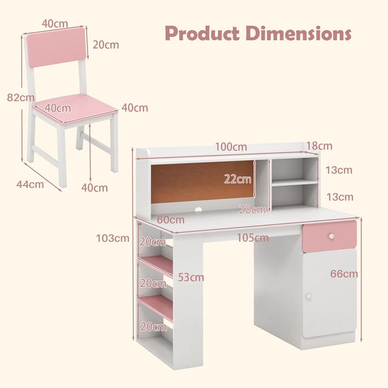 Kids Desk and Chair Set with Chair Hutch and 3-Layer Side Shelf-Pink