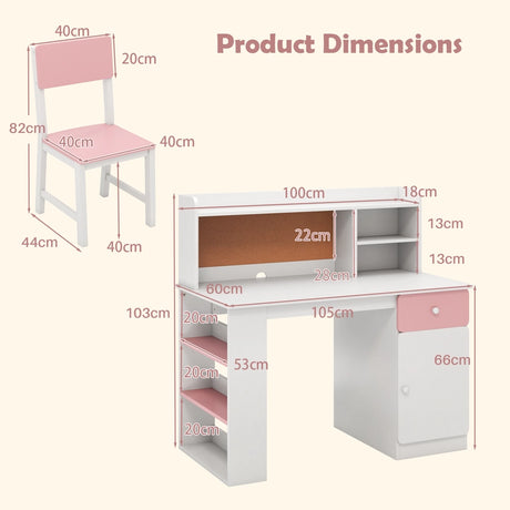 Kids Desk and Chair Set with Chair Hutch and 3-Layer Side Shelf-Pink