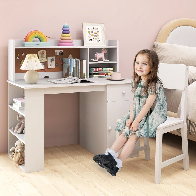 Kids Desk and Chair Set with Chair Hutch and 3-Layer Side Shelf-White
