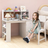 Kids Desk and Chair Set with Chair Hutch and 3-Layer Side Shelf-White