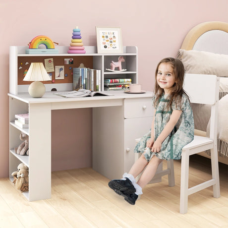 Kids Desk and Chair Set with Chair Hutch and 3-Layer Side Shelf-White