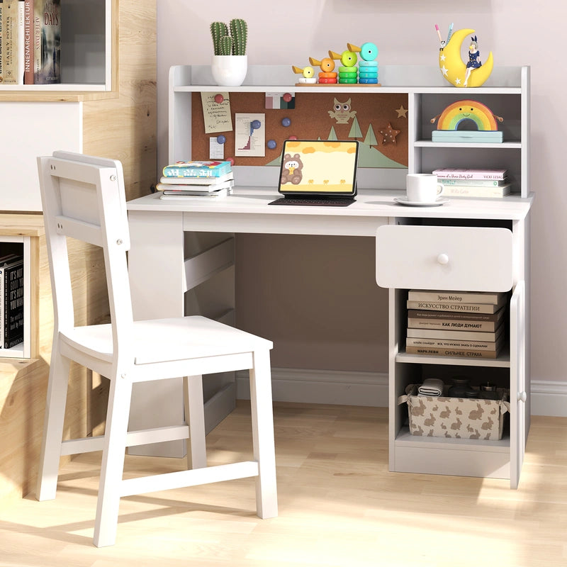 Kids Desk and Chair Set with Chair Hutch and 3-Layer Side Shelf-White