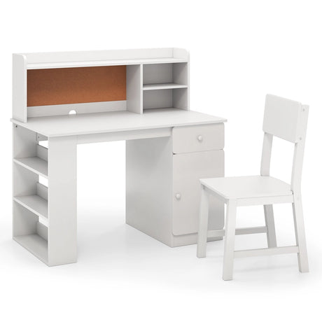 Kids Desk and Chair Set with Chair Hutch and 3-Layer Side Shelf-White