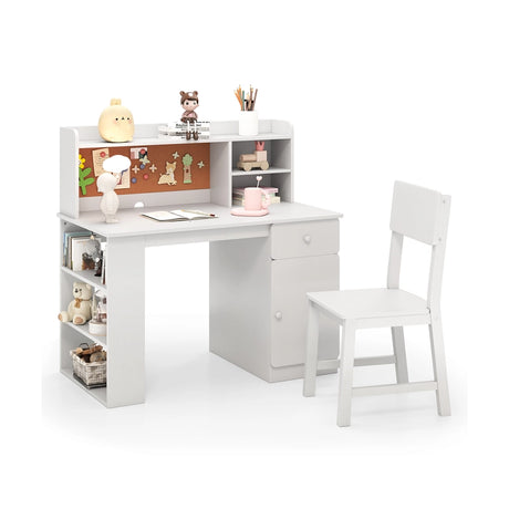 Kids Desk and Chair Set with Chair Hutch and 3-Layer Side Shelf-White