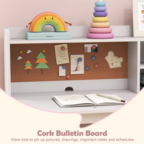 Kids Desk and Chair Set with Chair Hutch and 3-Layer Side Shelf-White